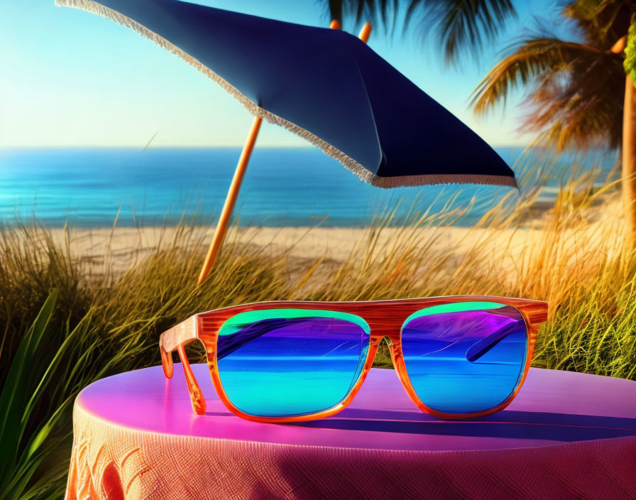 Vibrant sunglasses on pink surface with beach backdrop