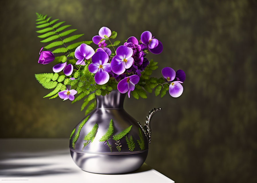 Purple Pansies and Green Ferns in Metallic Teapot Display