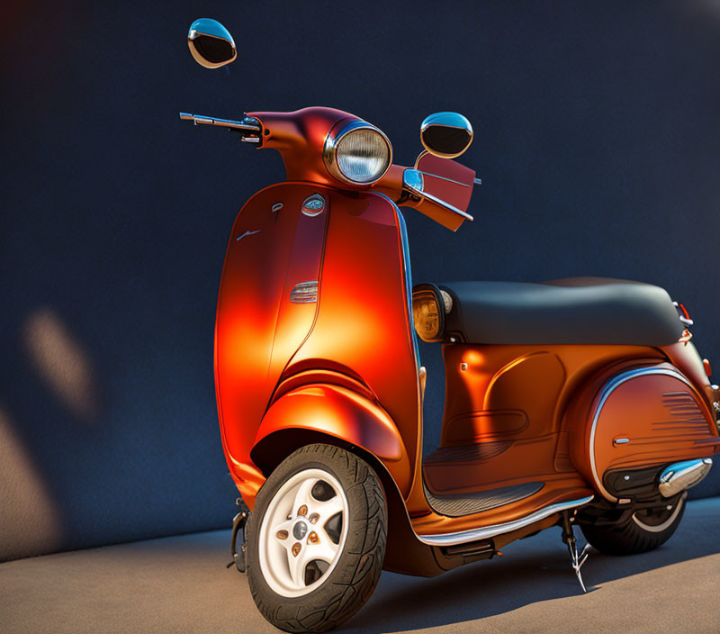 Vintage red scooter under spotlight with reflective paint and sleek metallic accents.