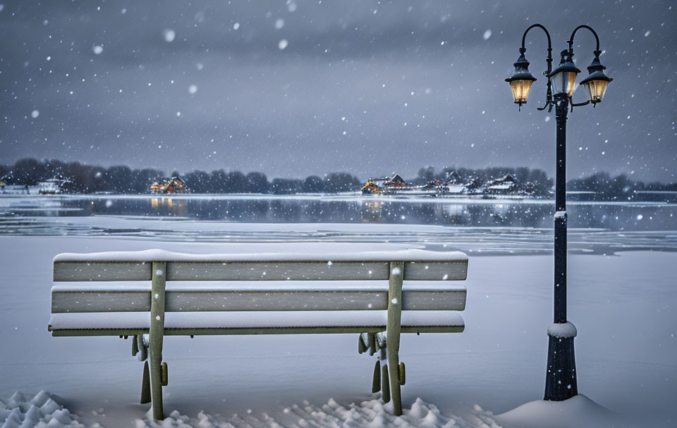 Snow-covered bench and lamppost by calm lake in tranquil snowfall at dusk