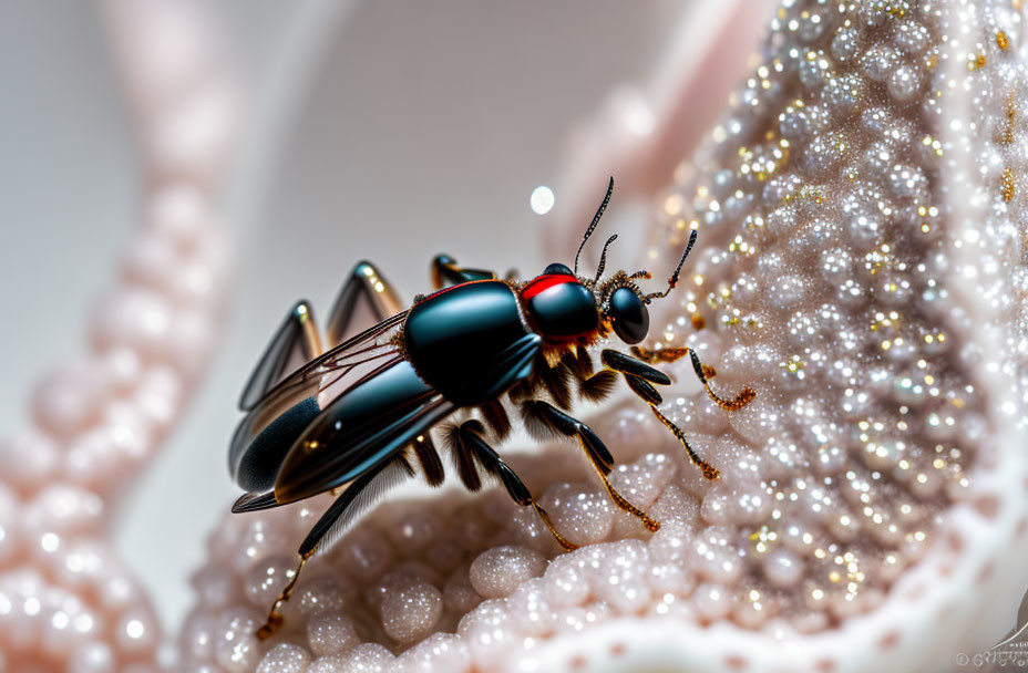 Macro shot of red-eyed fly on textured, sparkling surface