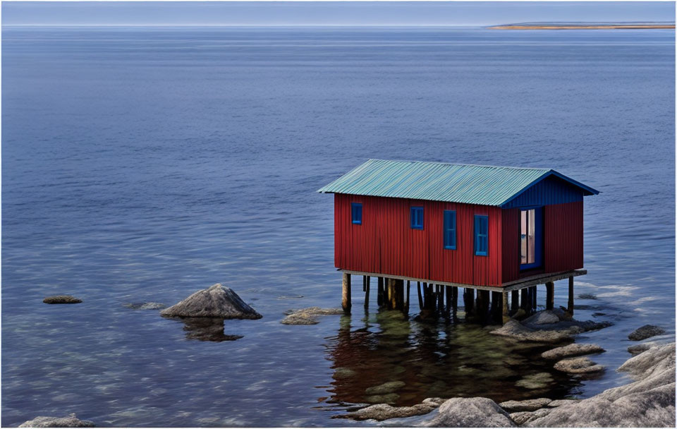 Red wooden cabin on stilts over calm sea with blue roof and rocky surroundings