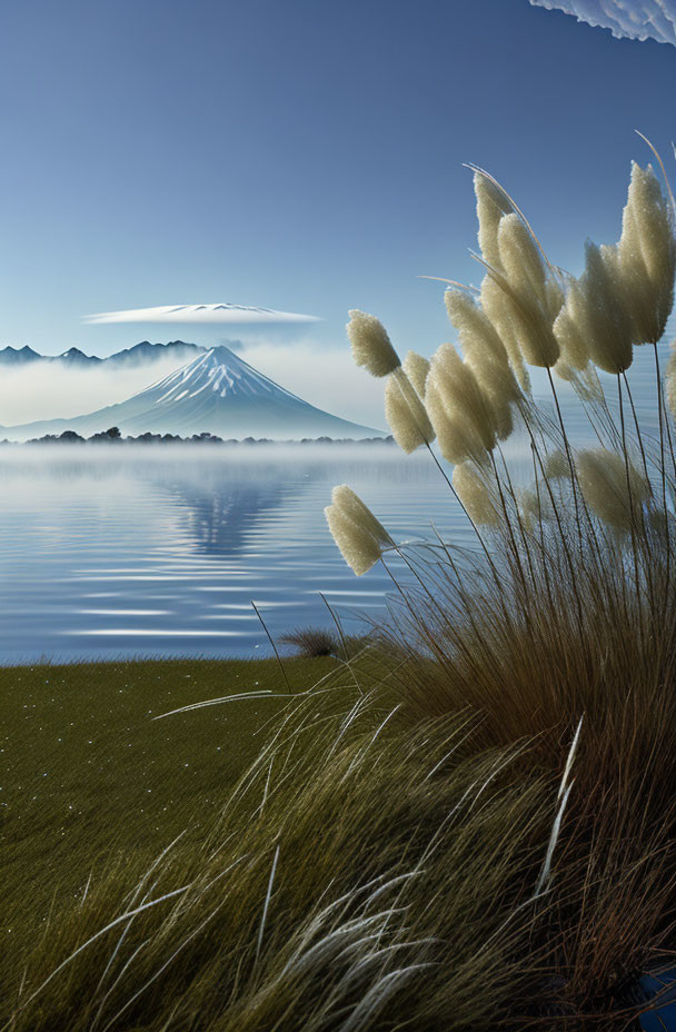 Tranquil lake mirroring mountains and pampas grass under a blue sky