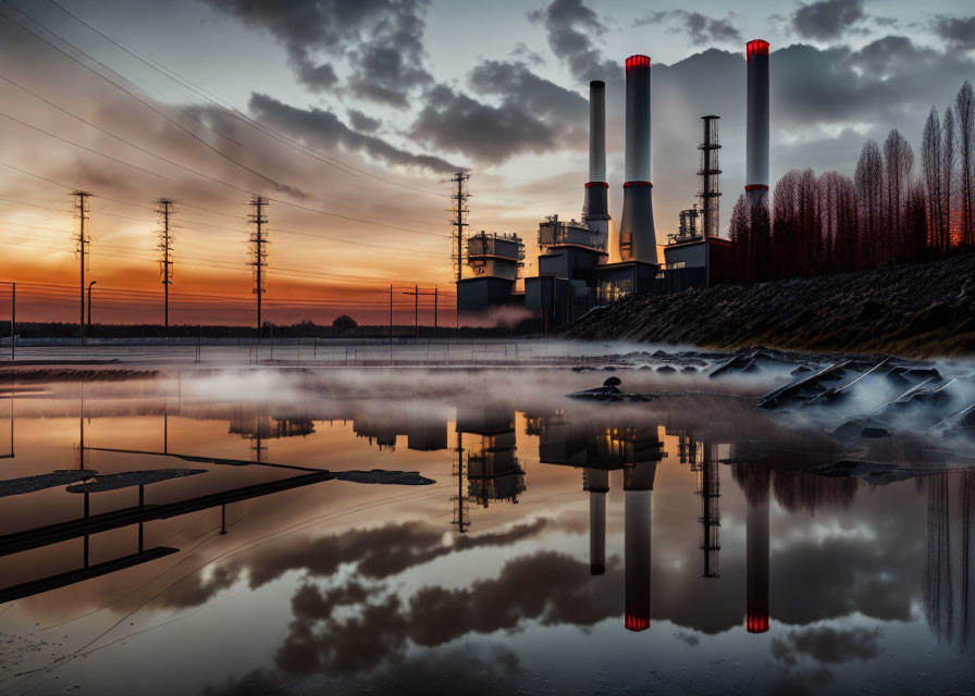 Twilight sky over smoking power plant reflected in tranquil water with electricity pylons.