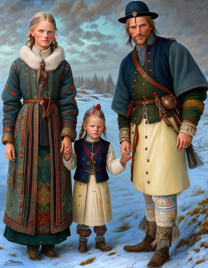 Traditional Scandinavian family in snowy landscape with tall trees