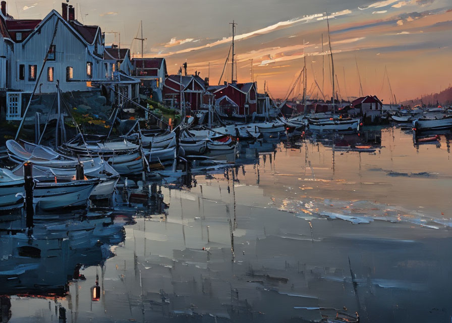 Tranquil harbor scene with boats, sunset reflections, and waterfront houses.