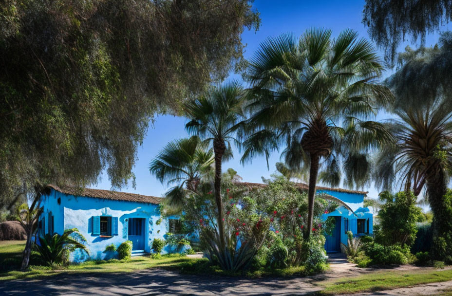 Blue and White Trim House Surrounded by Palm Trees and Greenery