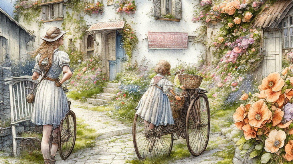 Two girls in vintage dresses and hats walking along a flower-lined path in a quaint village.