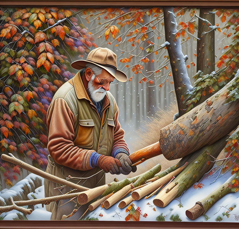 Elderly man cutting wood in autumn forest.