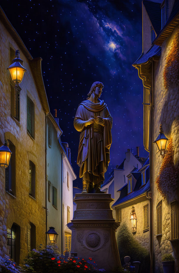 Robed figure statue in cobblestone alley at night