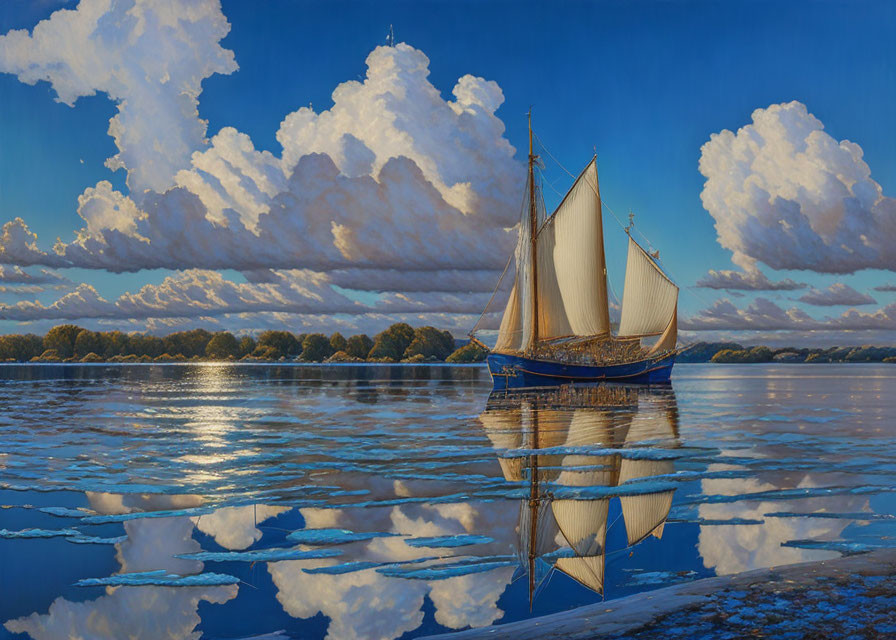 Classic Sailboat with White Sails on Calm Waters and Blue Sky