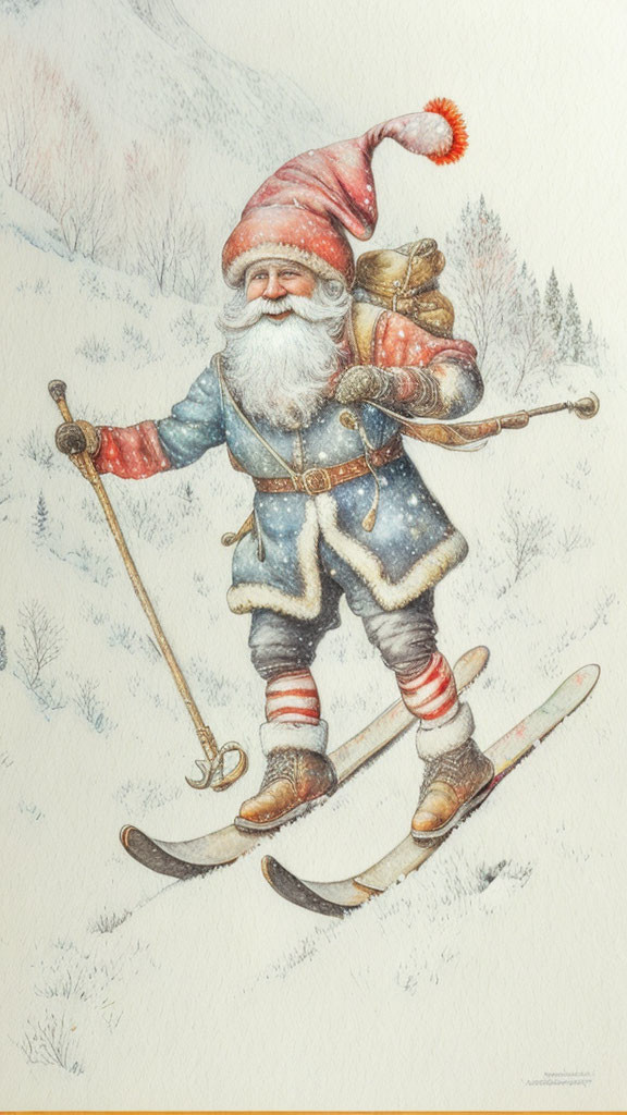 Santa Claus skiing with bear on snowy slope in winter attire