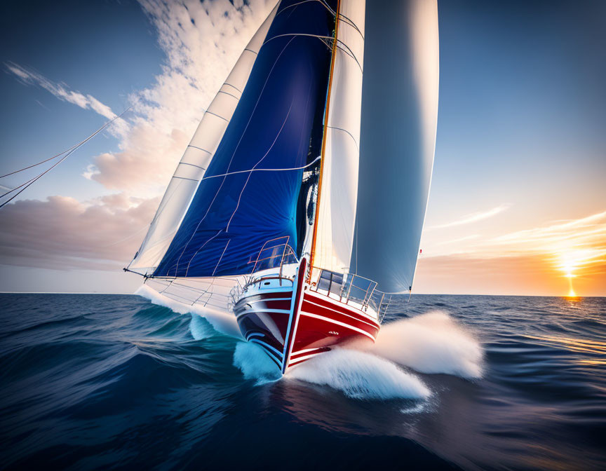 Sailboat with billowing sails on water at sunset