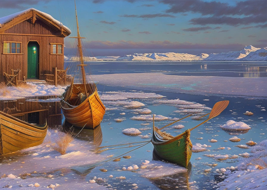 Winter scene: Frozen lake, wooden boats, hut, mountains, warm-hued sky