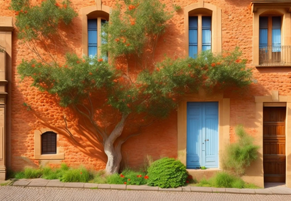 Colorful orange building with blue door and green landscaping