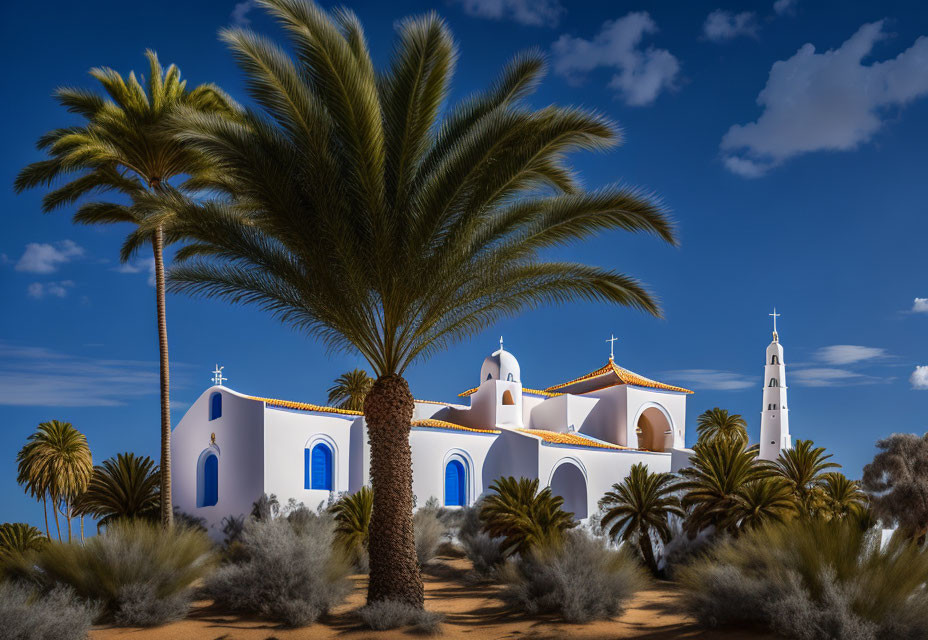 White Church with Blue Trim in Desert Oasis Landscape