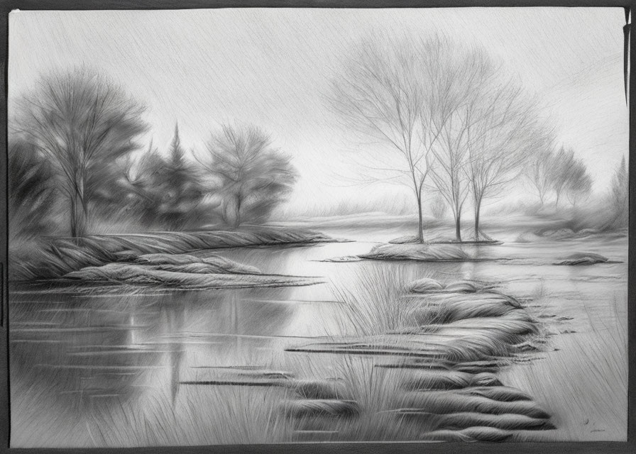 Detailed pencil sketch of serene landscape with trees, water reflection, shrubbery, and rocks.