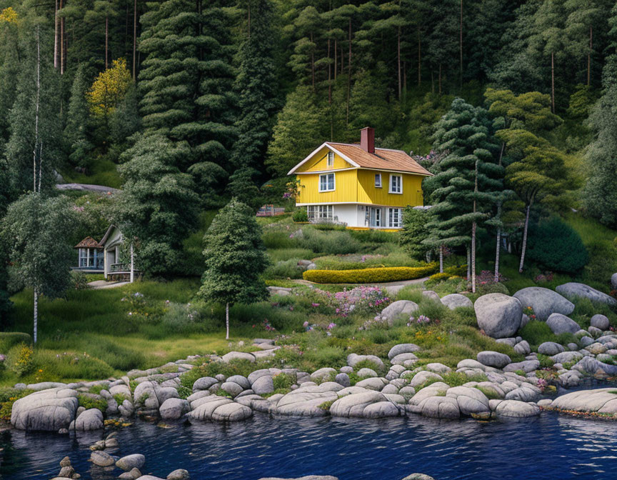 Yellow House with Red Roof Surrounded by Green Trees near Rocky Shore