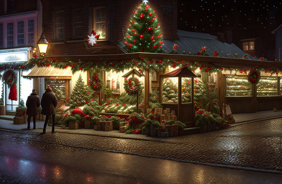 Festive night scene: Decorated street with lit trees and shopfront admiration