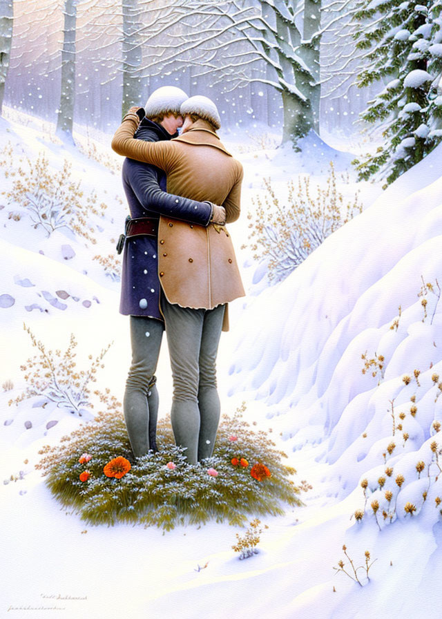 Couple Embraces in Snowy Landscape with Winter Flora