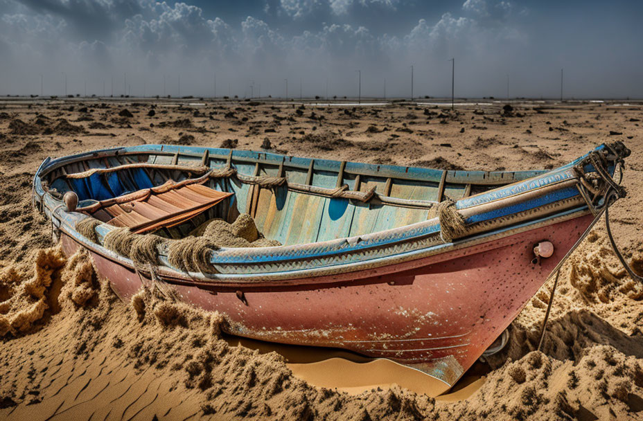 Weathered boat on sandy ground under dramatic sky with distant wind turbines