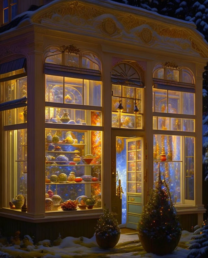 Festive storefront with warm glow and snow ambiance