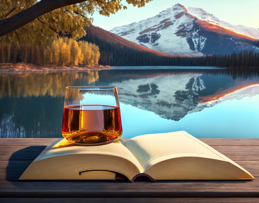 Tranquil scene with wine glass, book, lake, and mountain