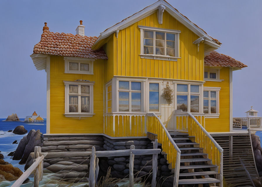 Traditional yellow house with red roof on rocky coast at dusk