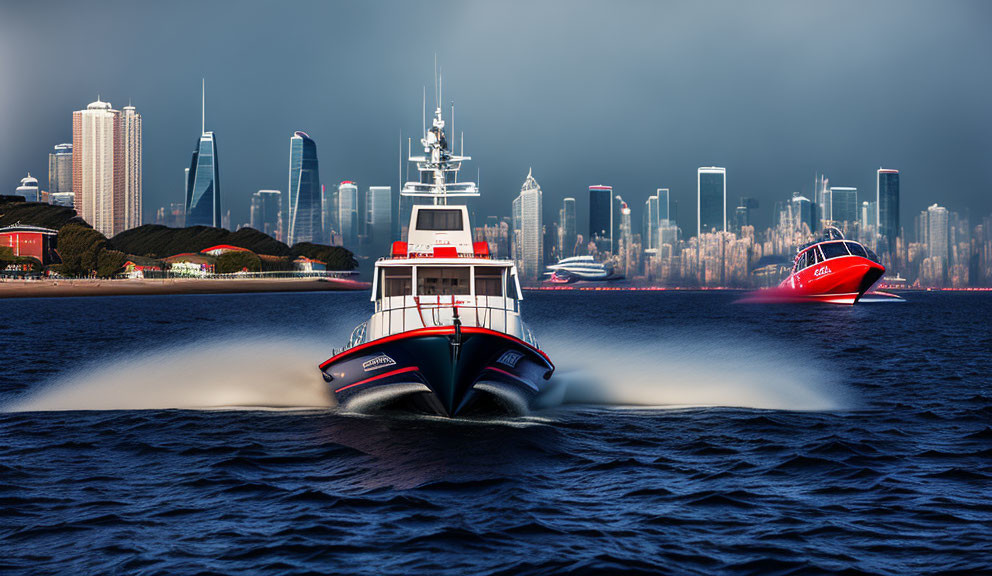 Boats racing on water with city skyline under dark sky