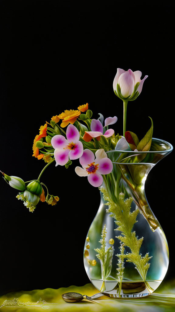 Colorful Flowers in Transparent Vase on Dark Background