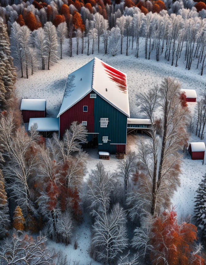 Red barn in snow-covered forest with autumn leaves peeking.