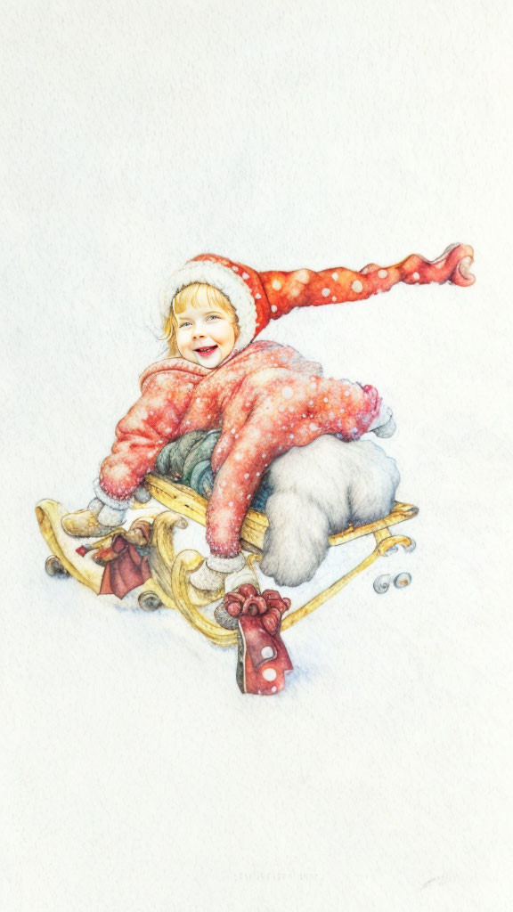 Child in Red Polka-Dot Winter Outfit Sleds Down Hill