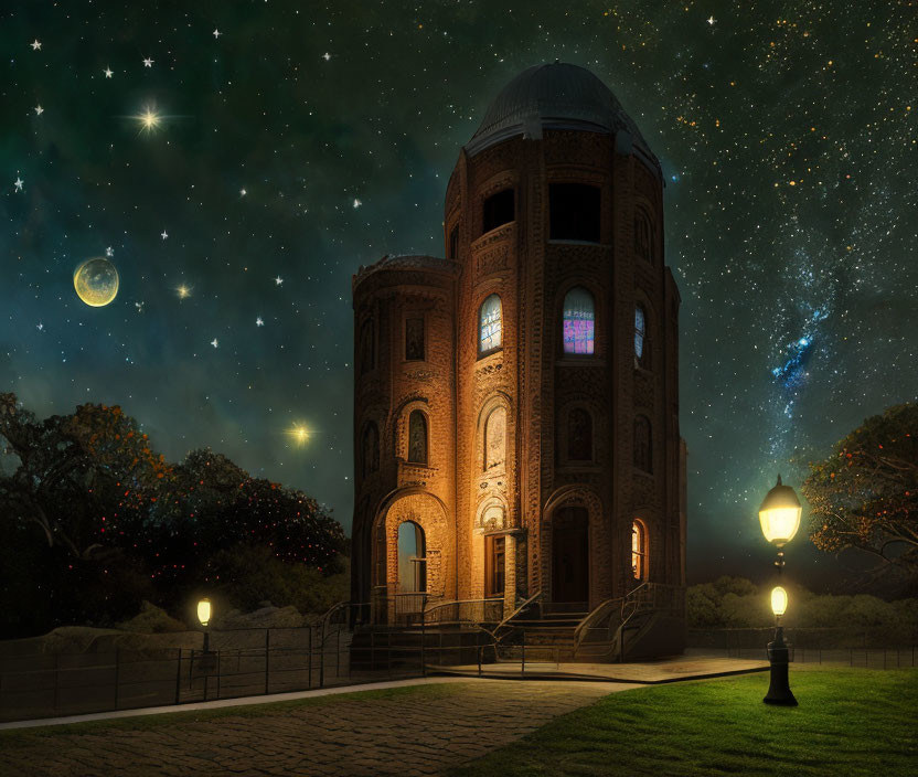 Brick tower with stained glass windows under starry sky