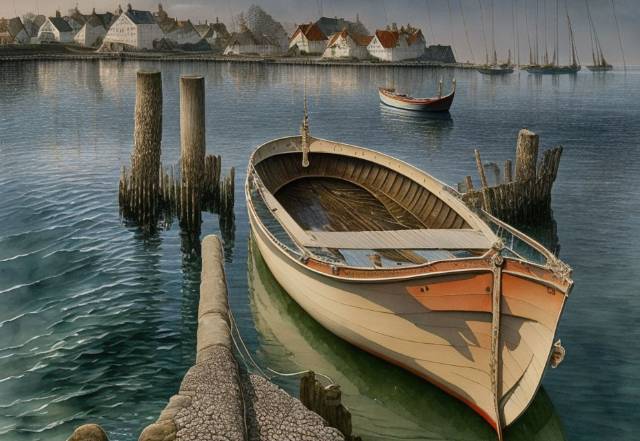 Tranquil dock scene with wooden boat, calm waters, village, and sailboats.