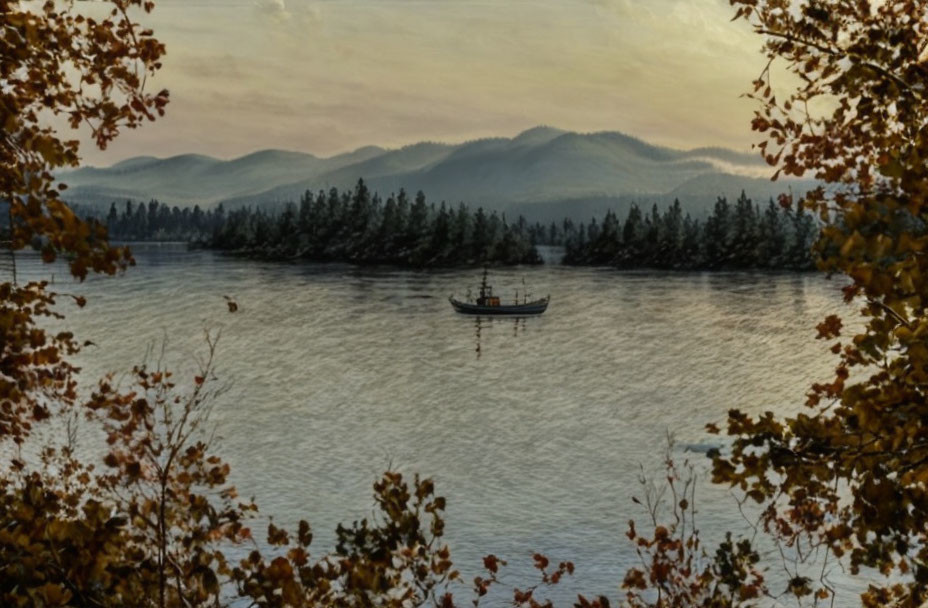 Tranquil lake scene with lone boat, forested hills, and autumn leaves