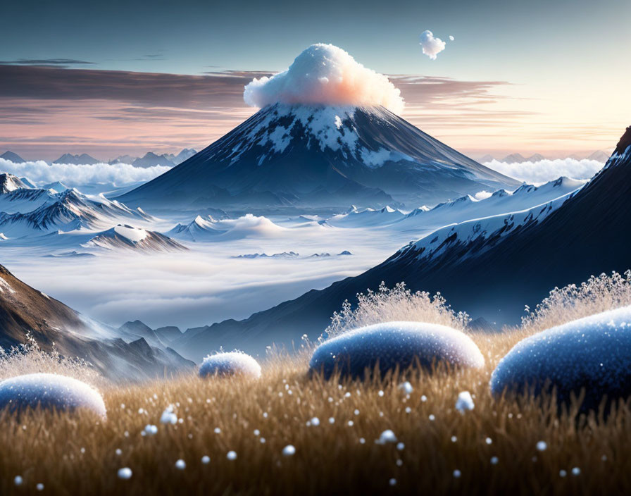 Snow-capped volcano in serene landscape with mountains and clouds