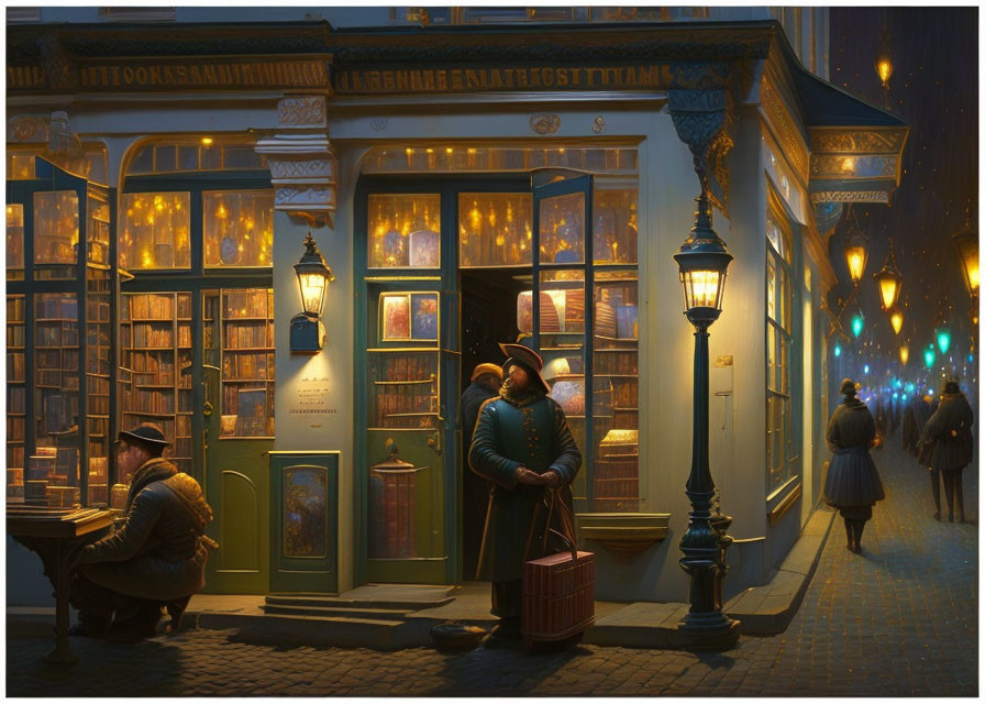 Vintage Bookstore Twilight Scene with Glowing Windows and Street Lamp Embrace