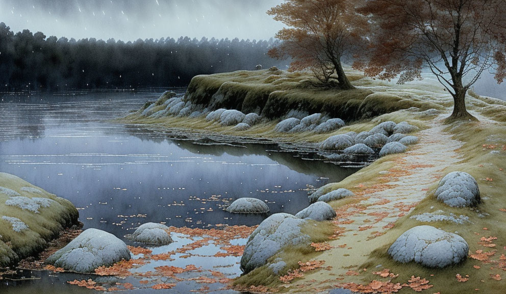 Serene lake landscape with tree-lined shore and wintry elements