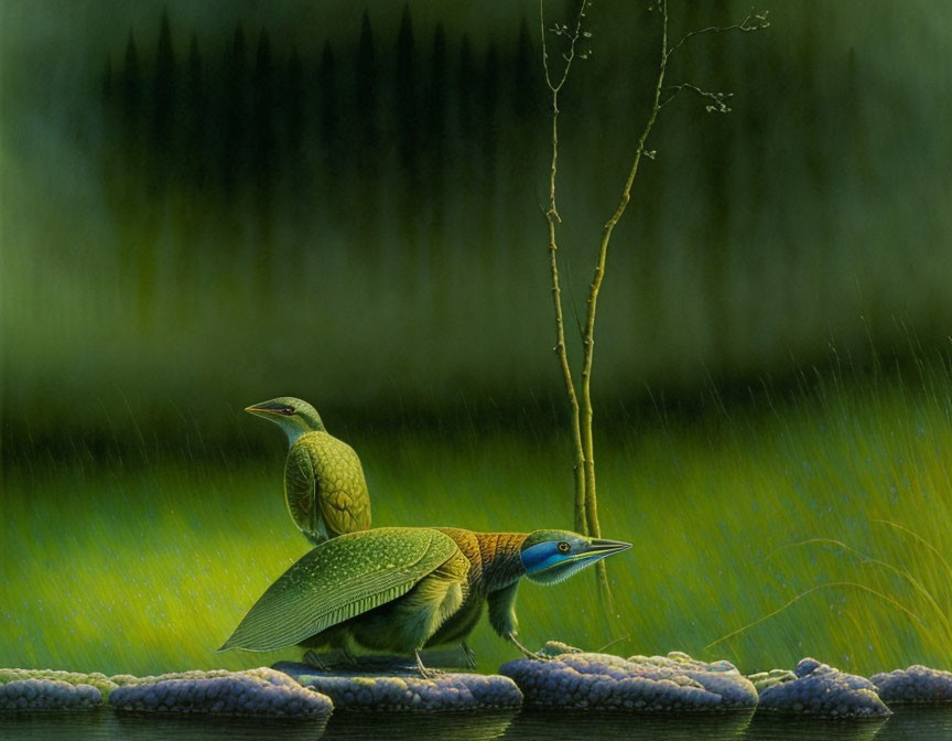 Stylized birds with elongated beaks on rocky ground against green background.