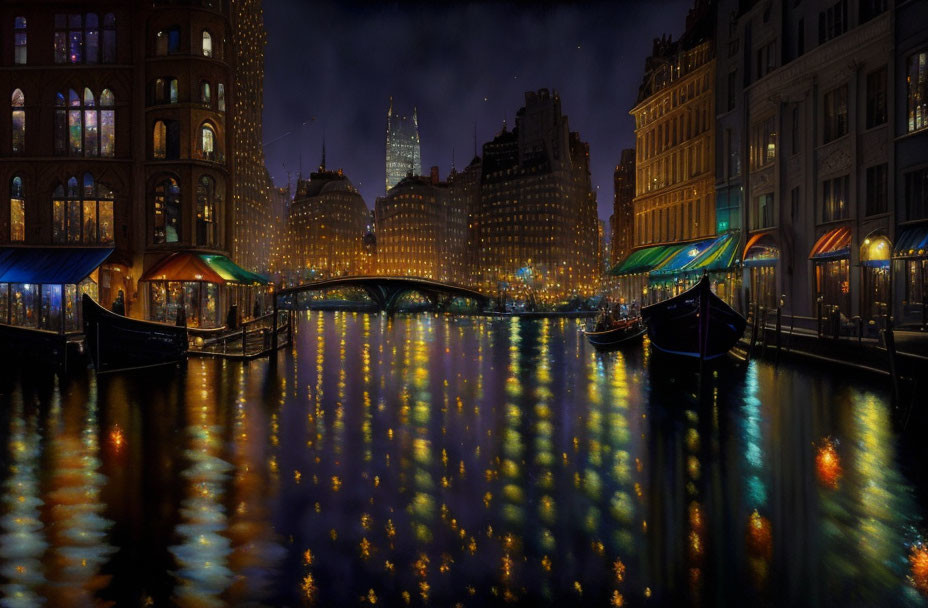 Nighttime cityscape with illuminated buildings, bridge, boats, and starry sky