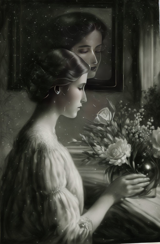 Monochromatic image: Woman with flowers, gazing at reflection in window, stars in dark sky