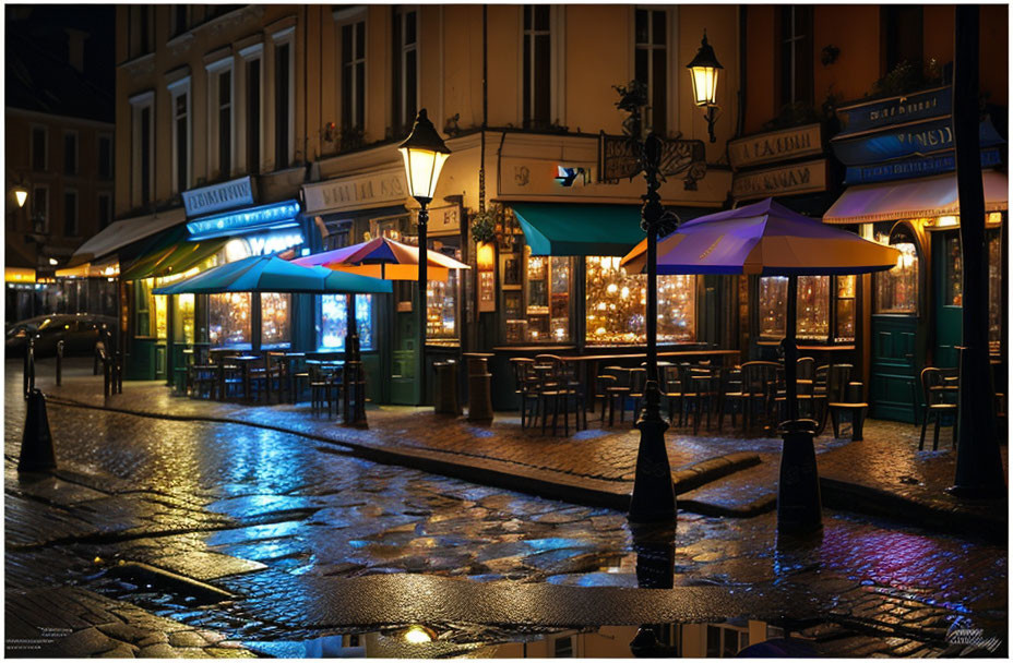 Vintage lamps, wet cobblestones, colorful umbrellas in charming evening street scene