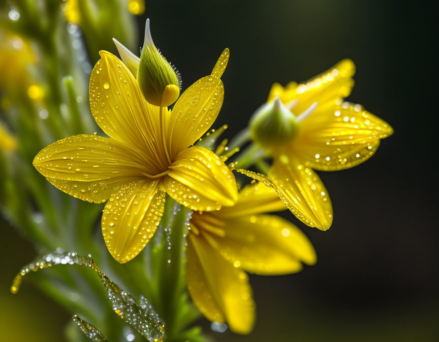 Vibrant yellow flowers with water droplets on dark background