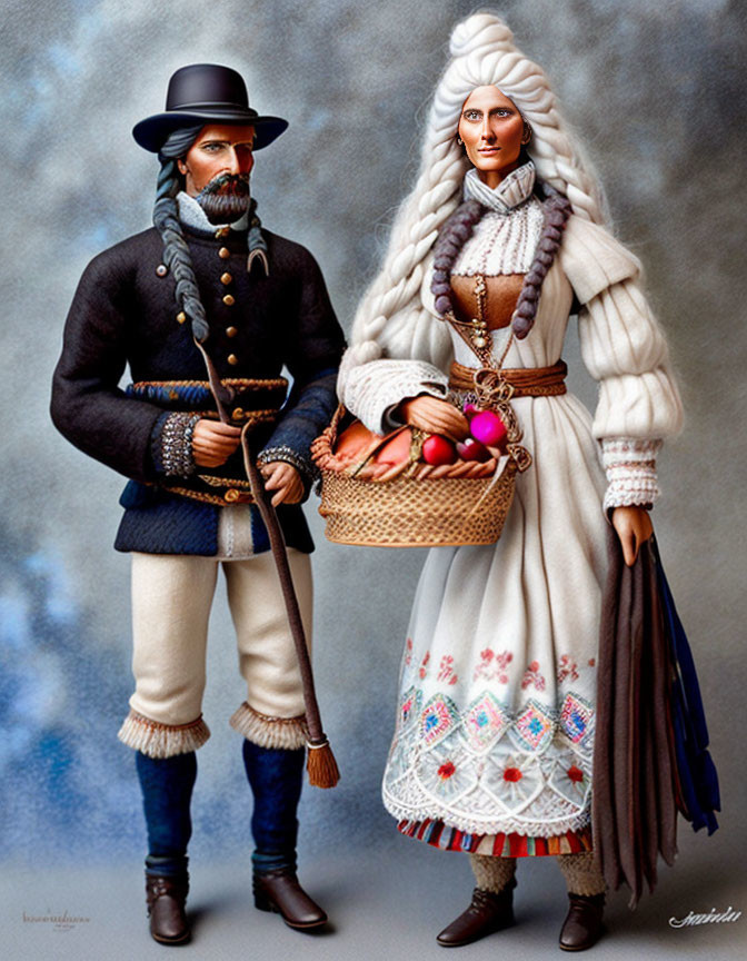 Digital illustration: Ukrainian couple in traditional attire with man holding rifle and woman carrying fruit basket.