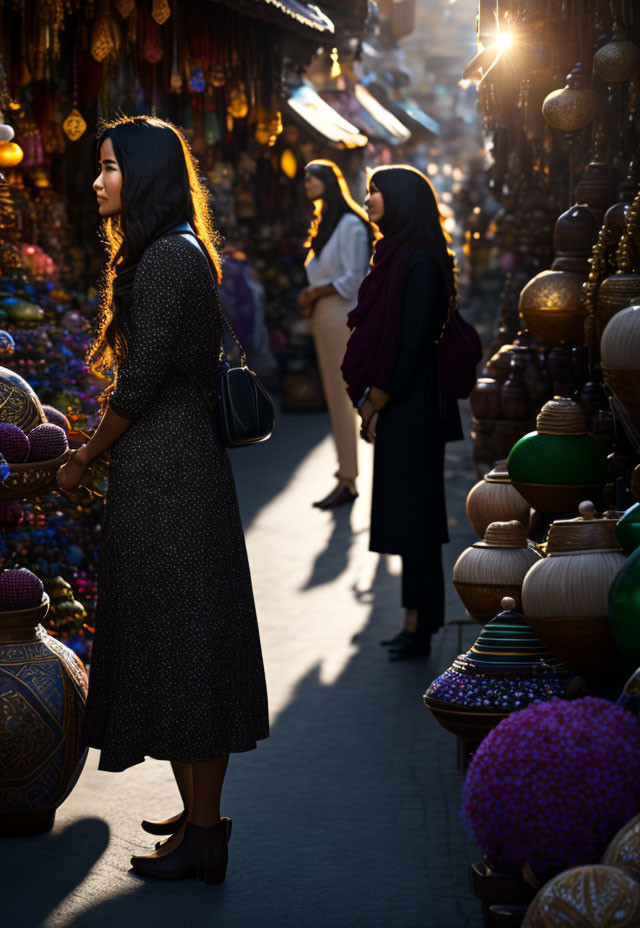 Woman in patterned dress at vibrant market alley admiring colorful pottery