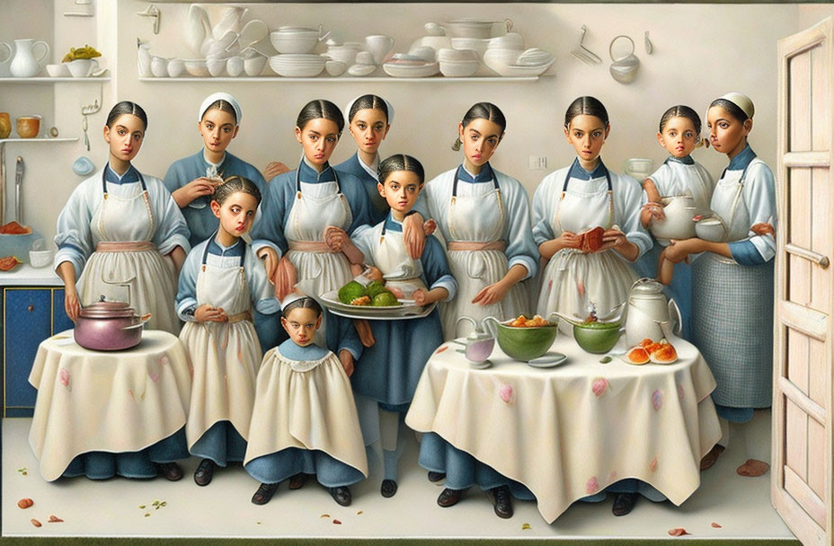 Group of Eleven Female Figures in Aprons and Bonnets in Kitchen Scene