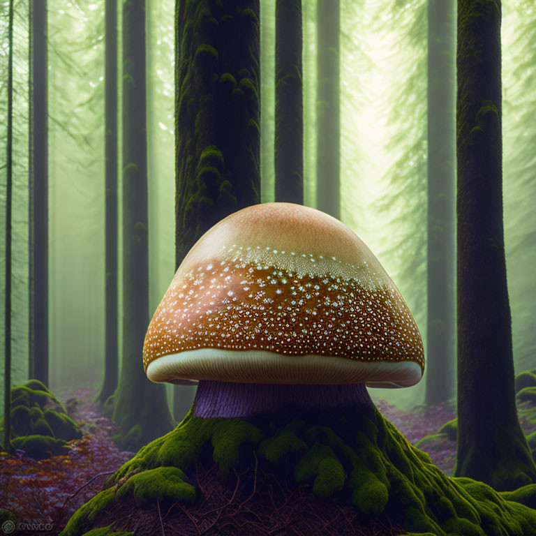 Realistic giant mushroom in misty forest with moss-covered trees