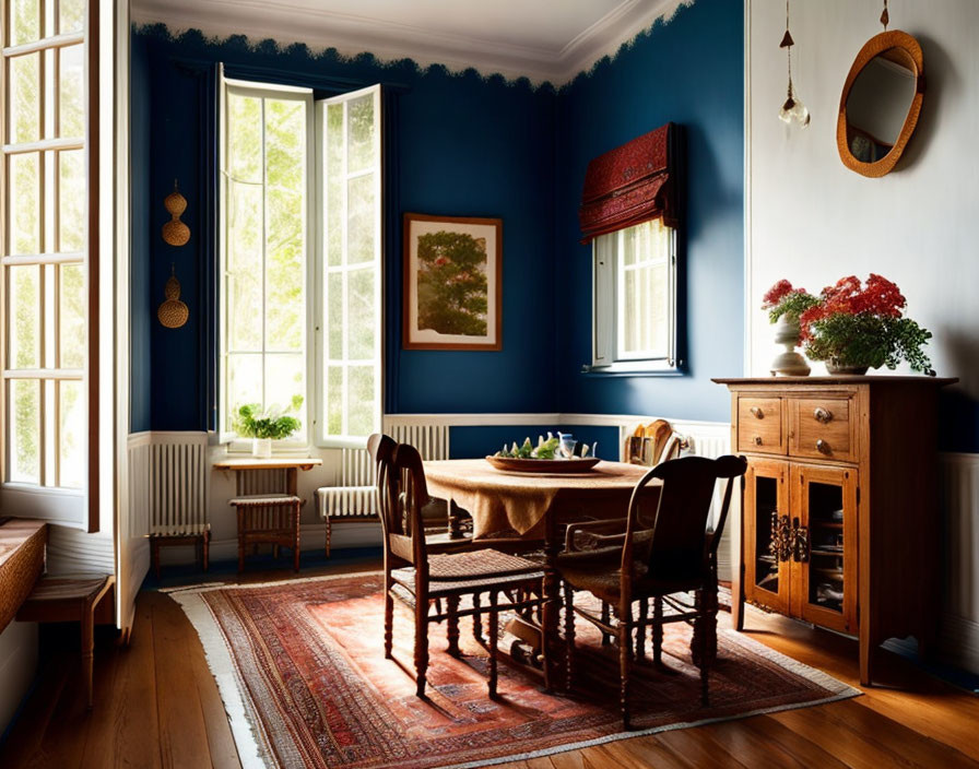 Blue-themed dining room with wooden furniture and red rug