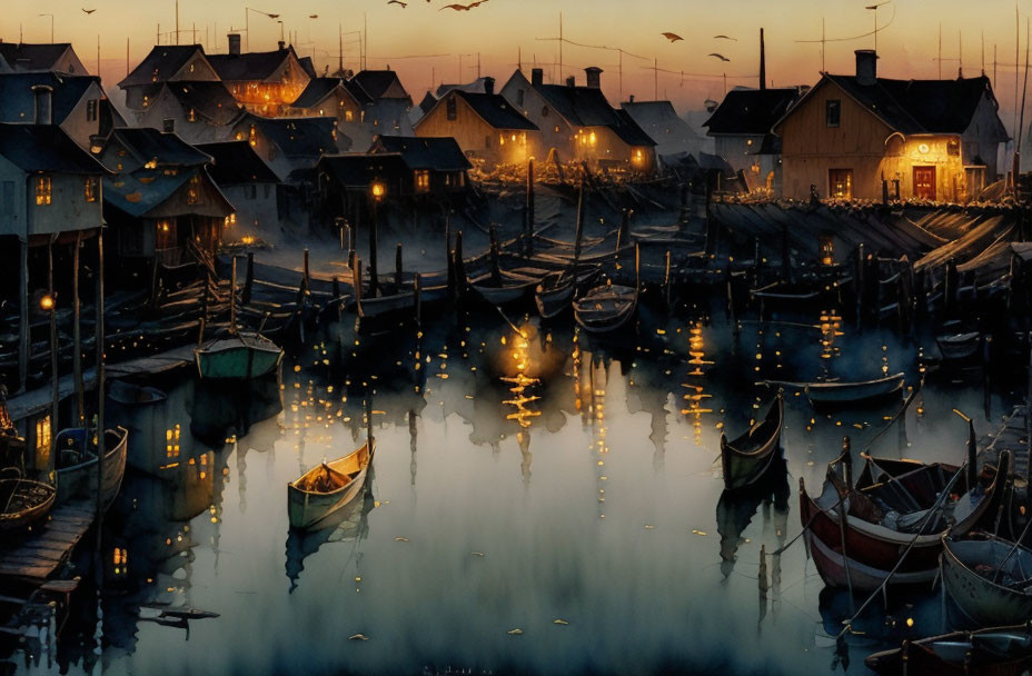 Tranquil fishing village at twilight with wooden docks and moored boats