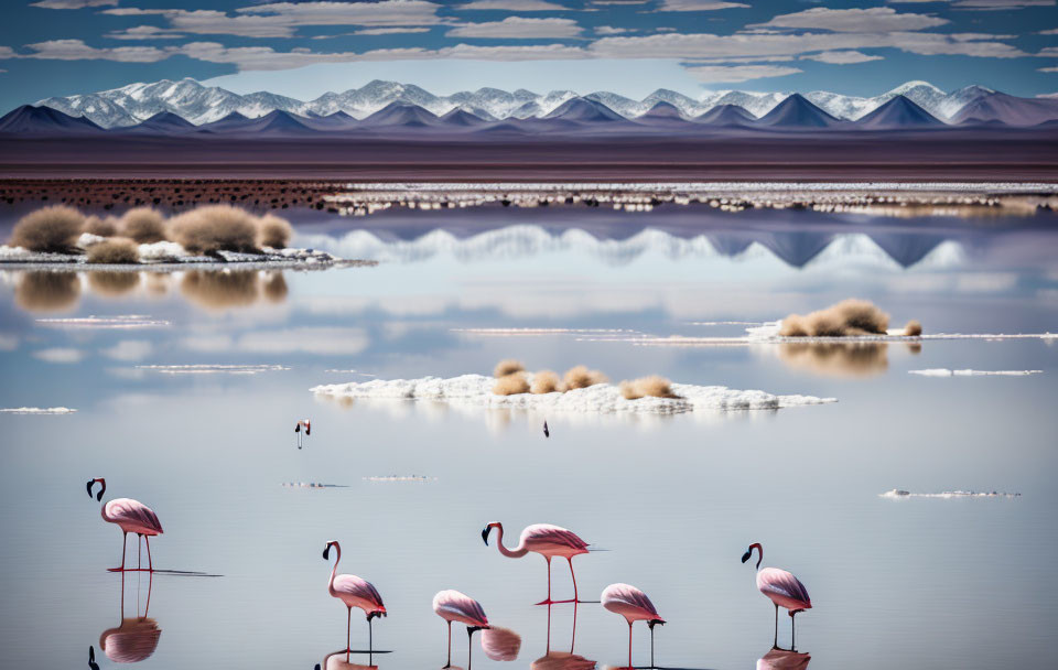 Pink flamingos in salt lake with mountains and blue sky